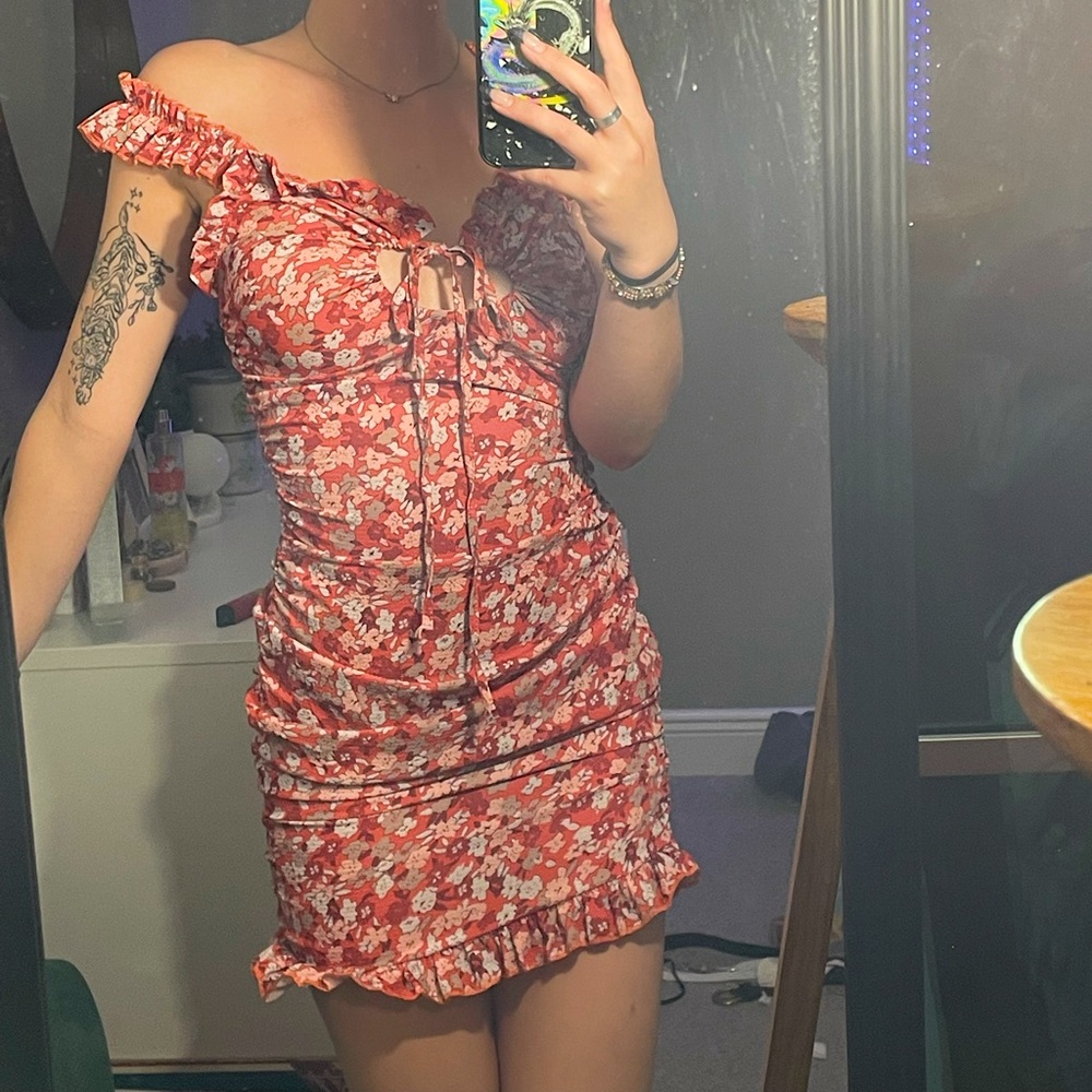 orange floral ruffled dress